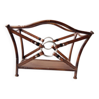 1950s metal magazine rack with imitation leather and bamboo