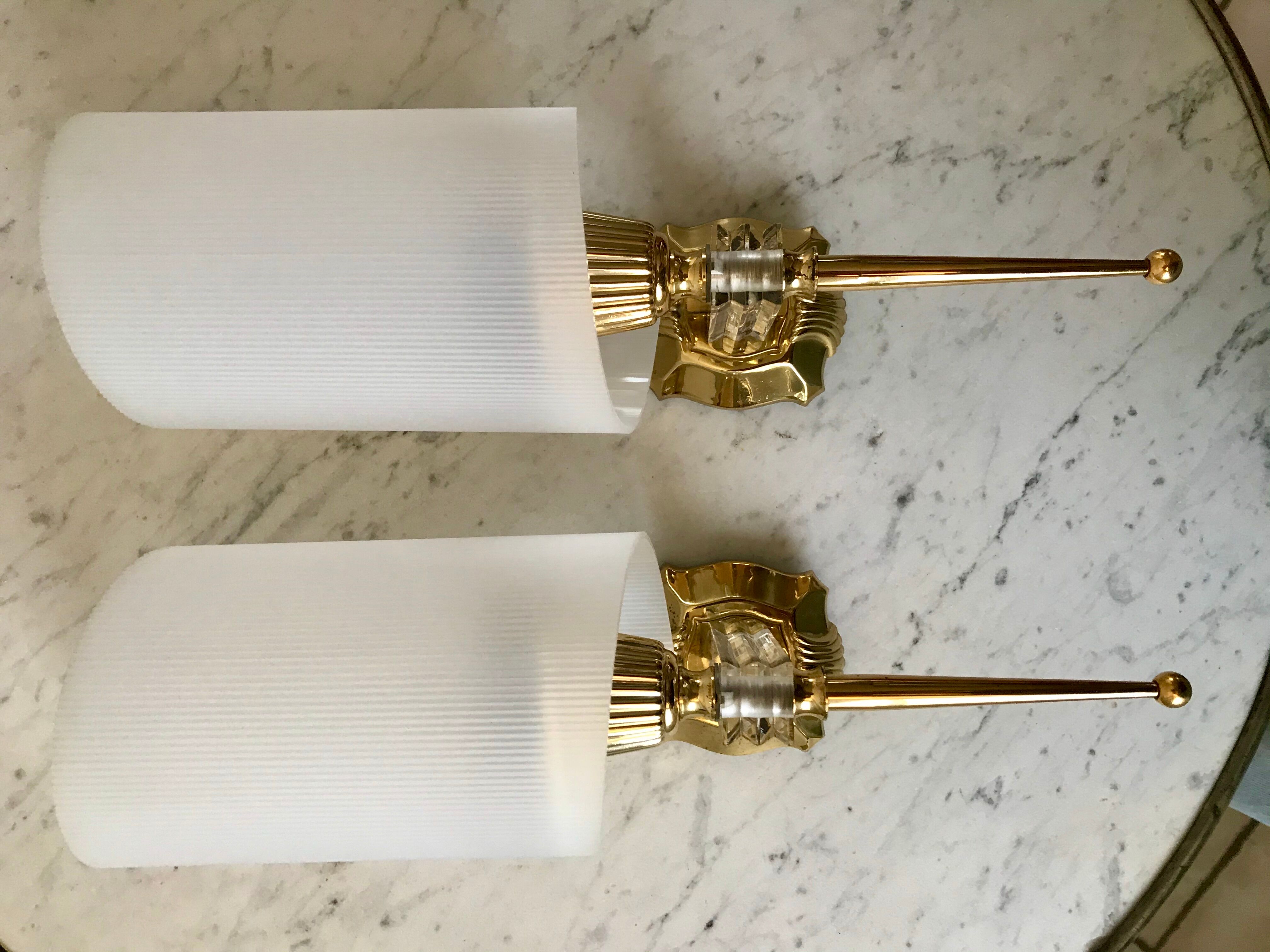 Pair of gold steel wall lamps, plexi and pleated plastic shades 60s-70s