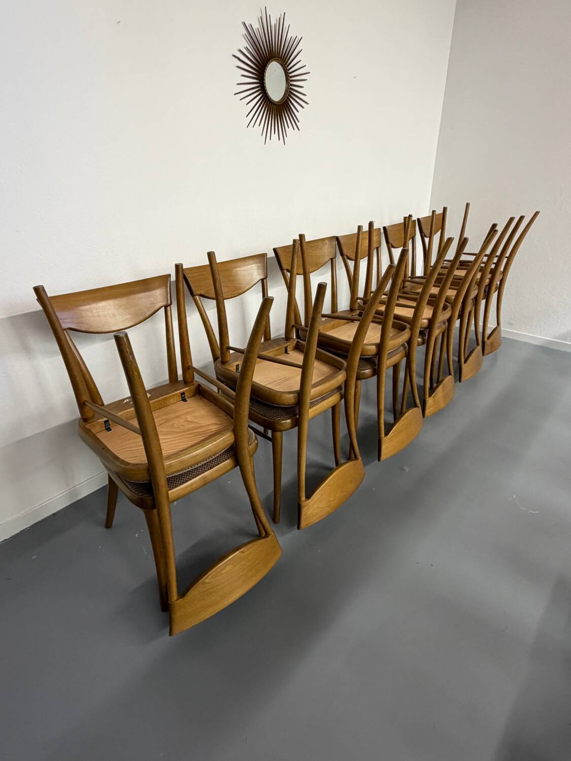 Set of 18 Scandinavian design chairs from the 1960s, organic curved wood.