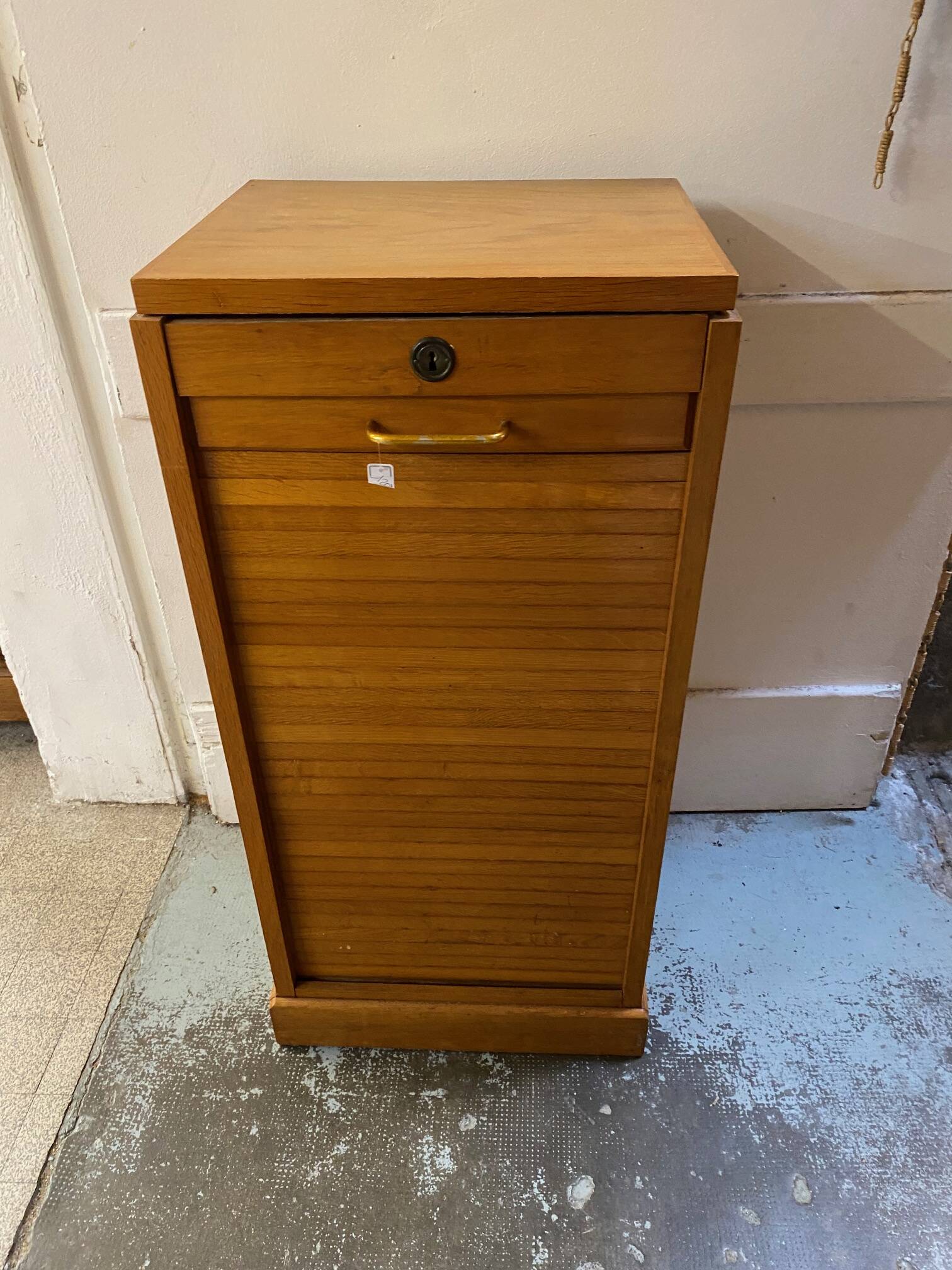 50s/60s light oak curtain filing cabinet low model with removable shelves