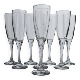 Clear Glass Champagne Flutes, Vintage 1980s, Set of 8 with Swirled Stems