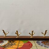 Vintage wooden wall coat rack with 4 double golden aluminum hooks