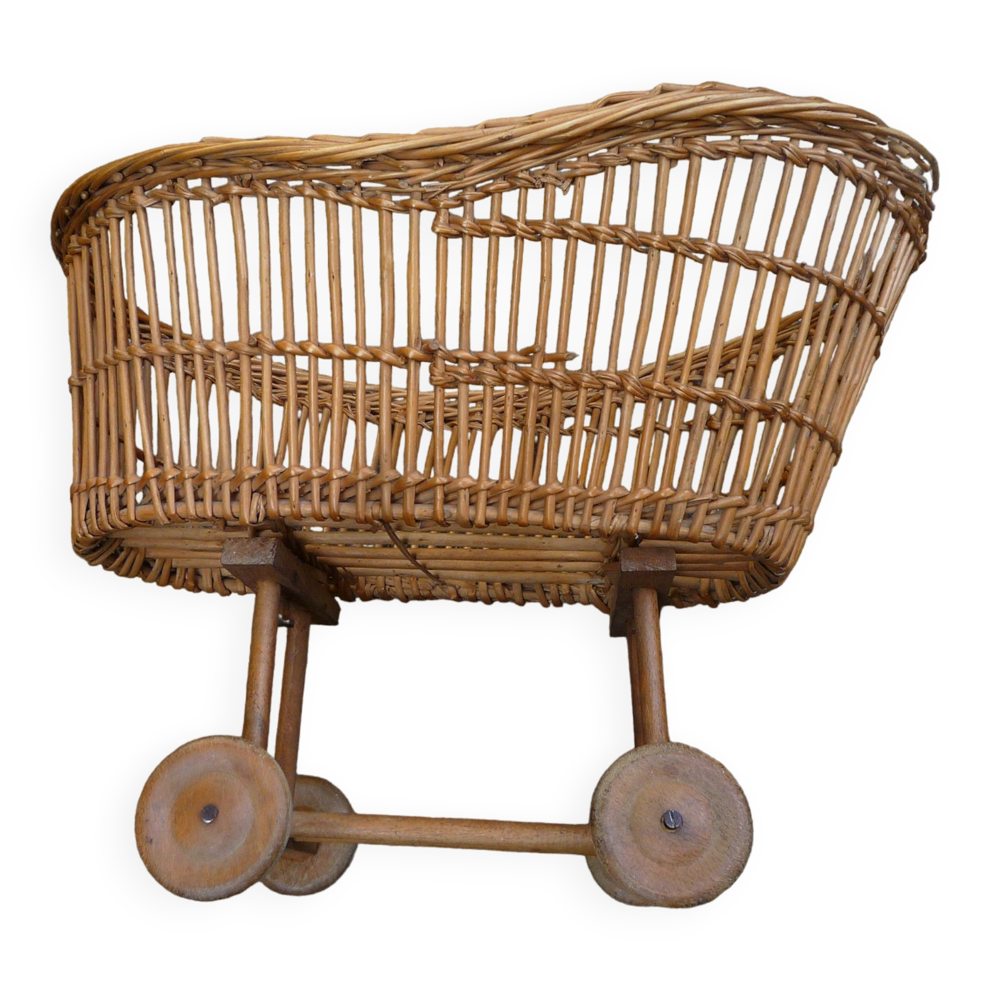 Pram/doll rattan crib, old 1950s toy