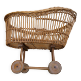 Pram/doll rattan crib, old 1950s toy
