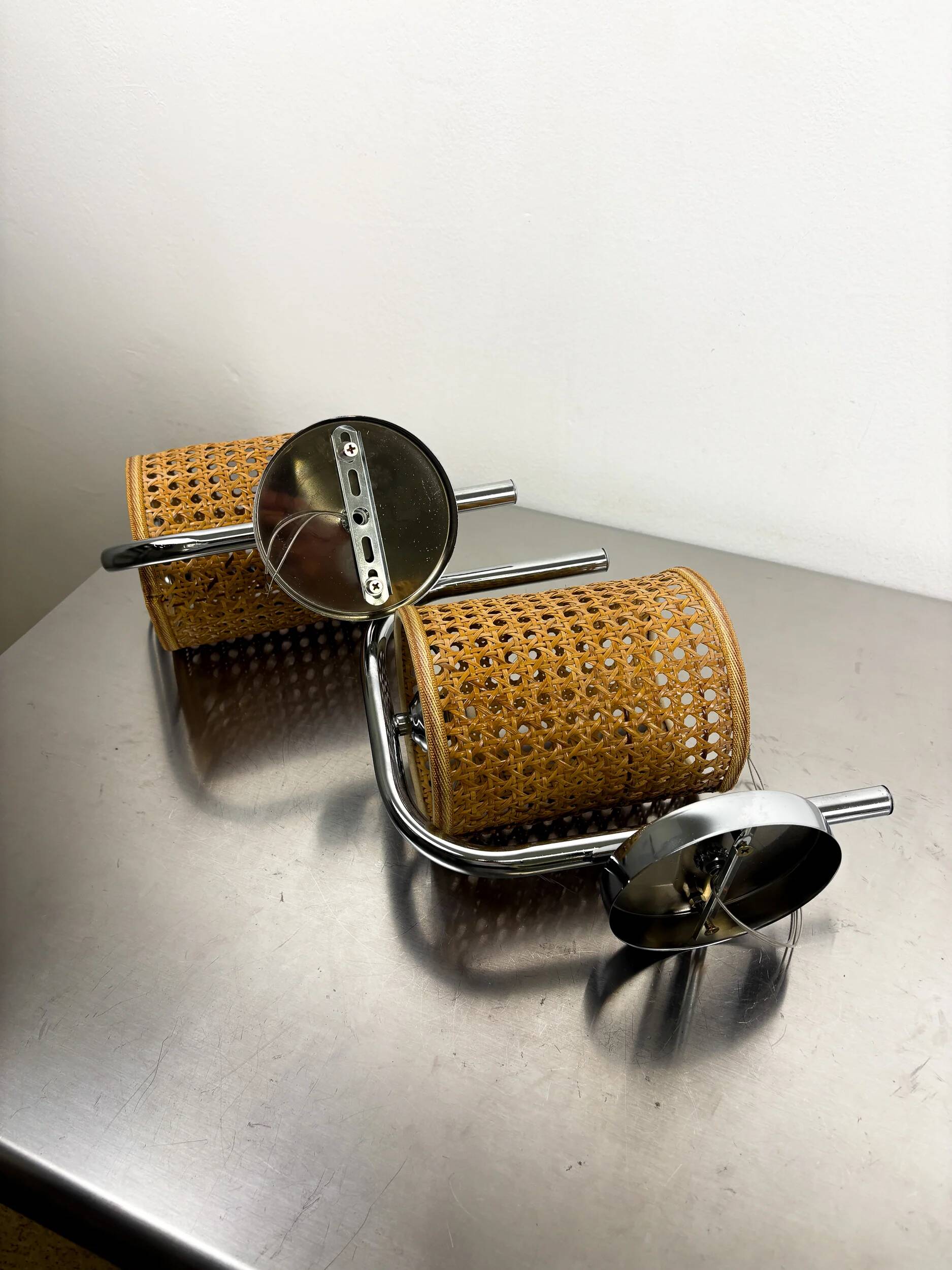 Pair of vintage rattan & chrome wall lights, Italy, 1970s