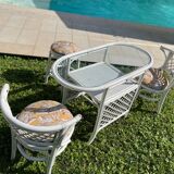 Vintage White Rattan/Bamboo Garden Furniture Set with 2 Chairs and a Stool