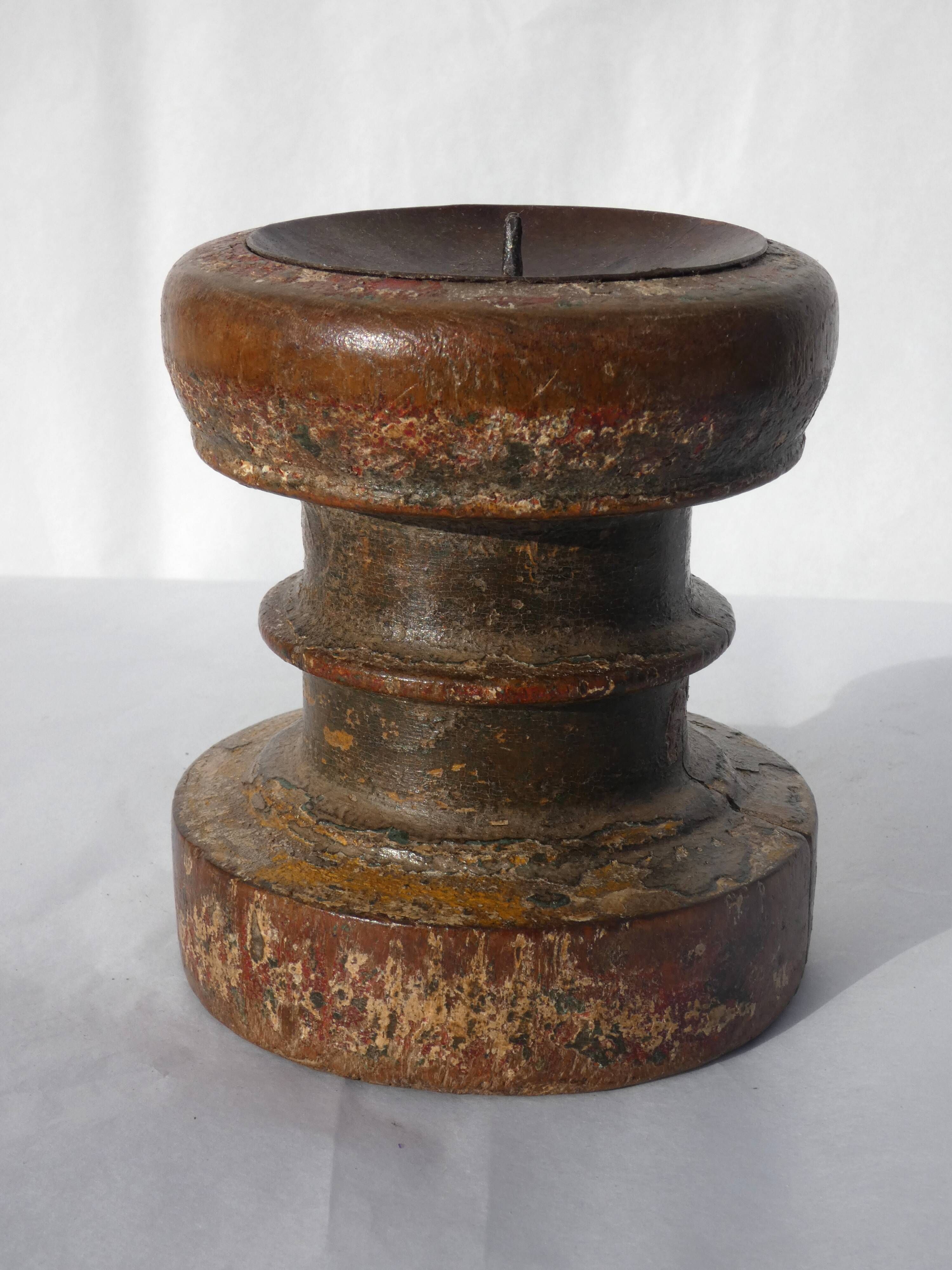 Candle holder round wood old teak patina of origin India