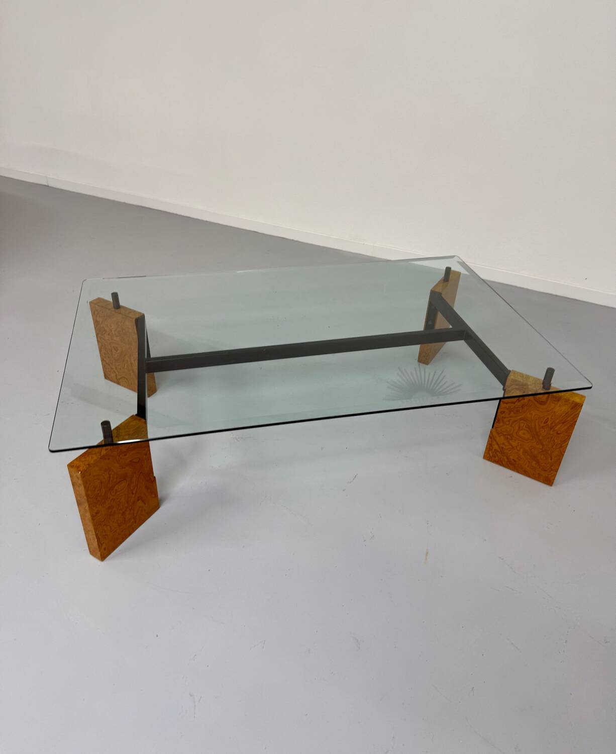 Old coffee table in glass and magnifying glass, French design Paul Michel, year 70