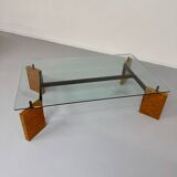 Old coffee table in glass and magnifying glass, French design Paul Michel, year 70