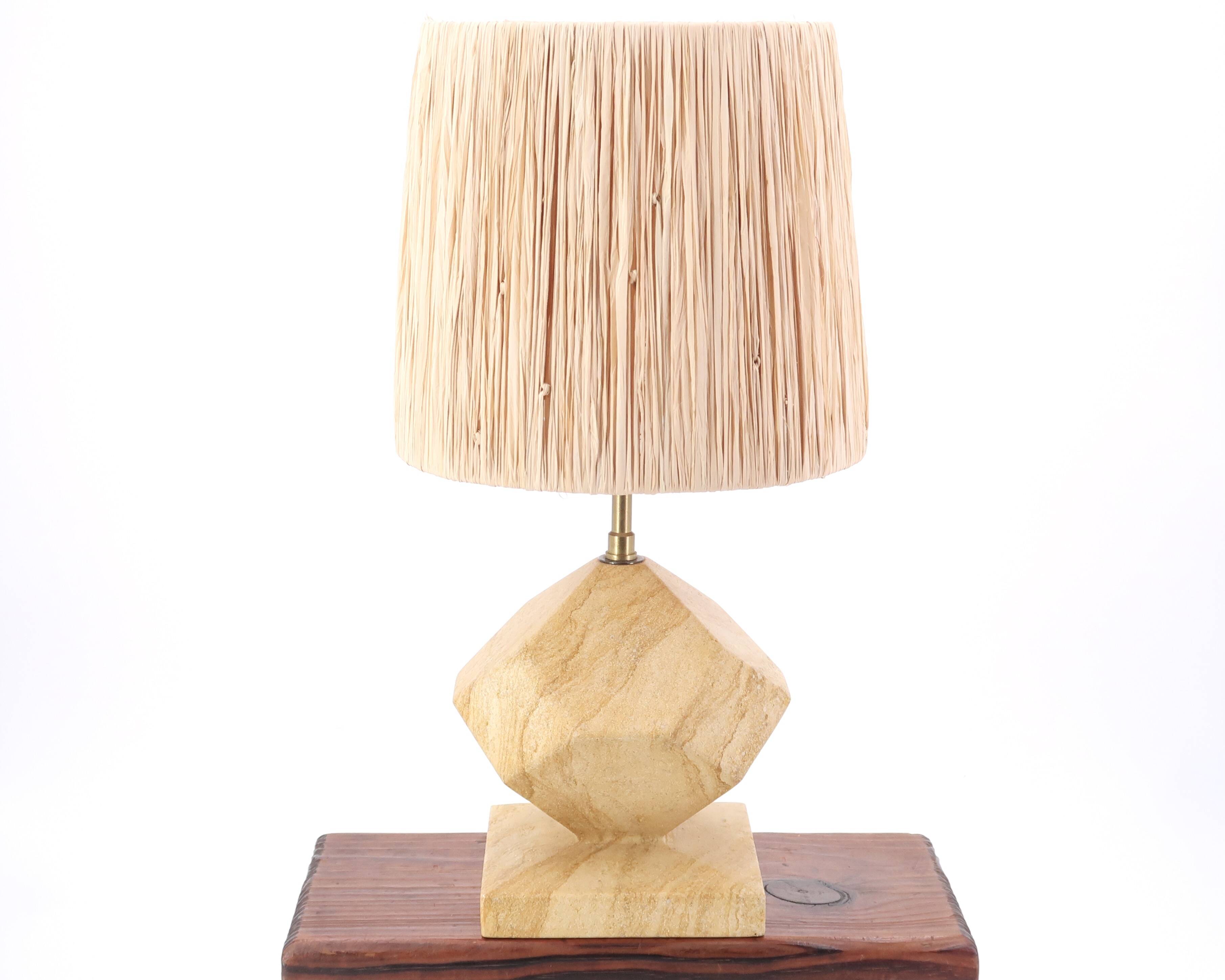 Beige marble lamp, raffia lampshade, 1970s