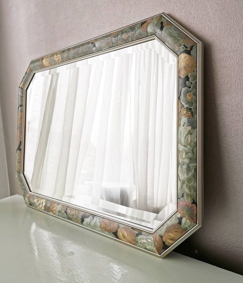 Vintage floral mirror in wood and cut glass, 80s