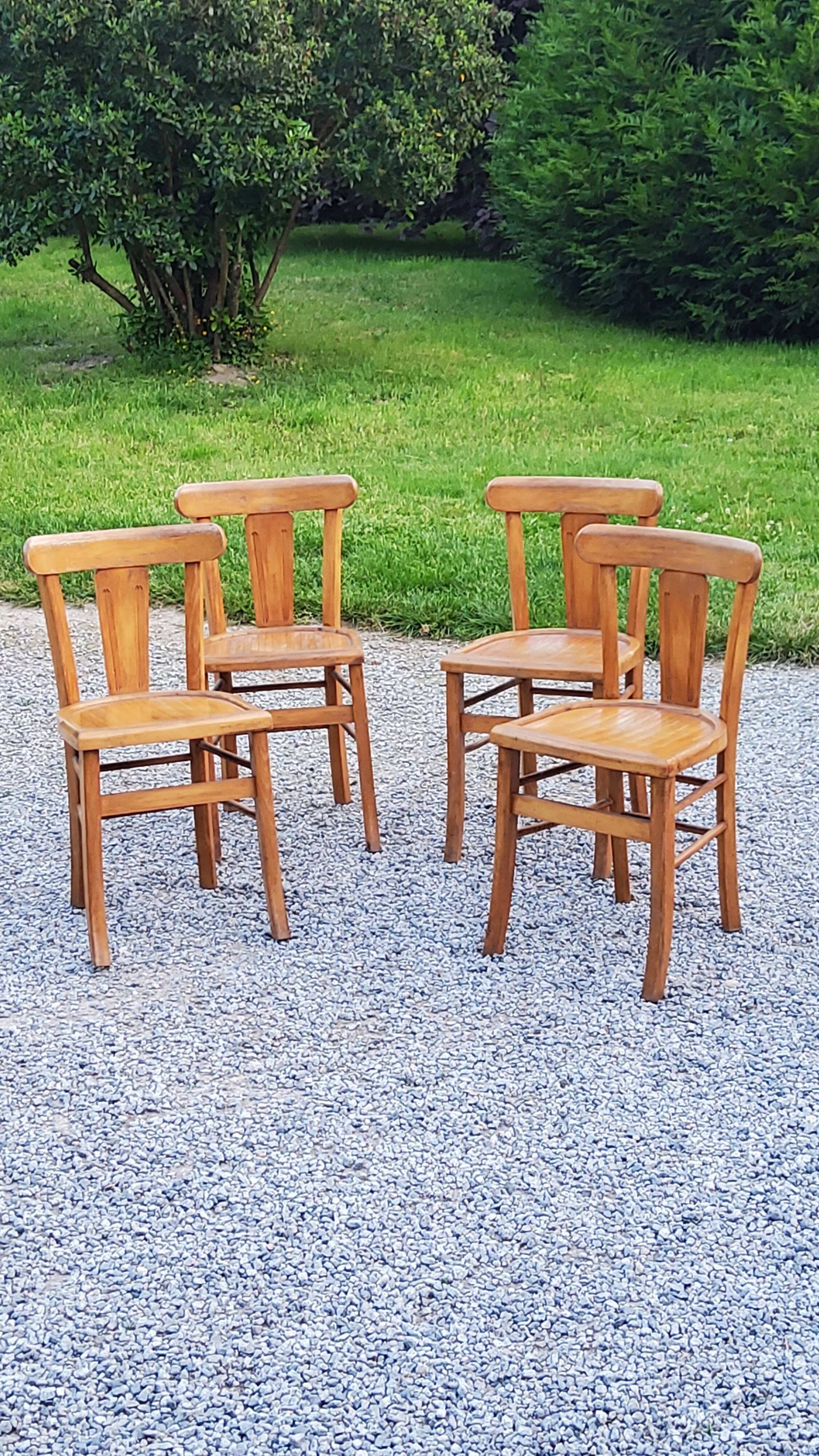 Set of 4 bistro chairs in beech and blond oak from the 50s