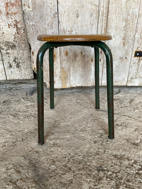 Tabouret Industriel Ancien MULLCA Style Jean PROUVE Métal + Bois Vinta