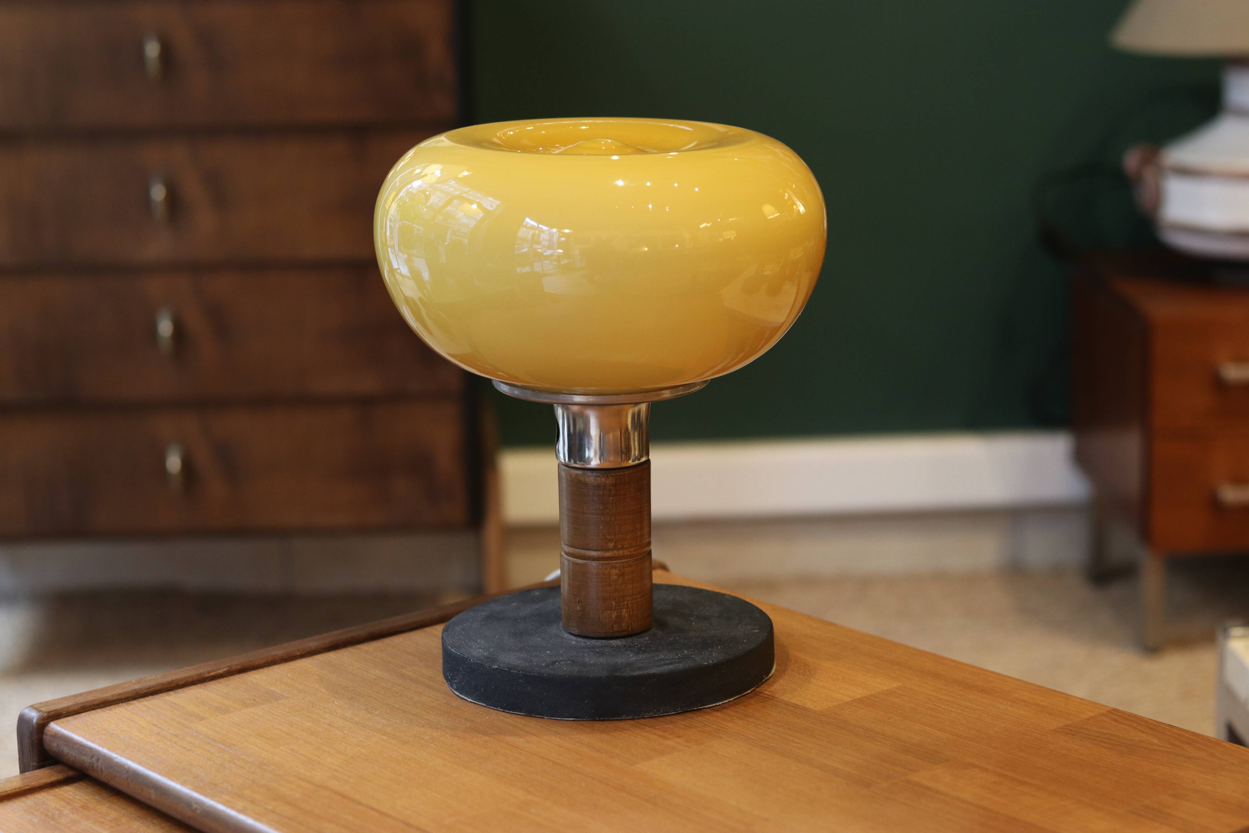 Mid-century vintage lamp — amber glass globe, 1960s