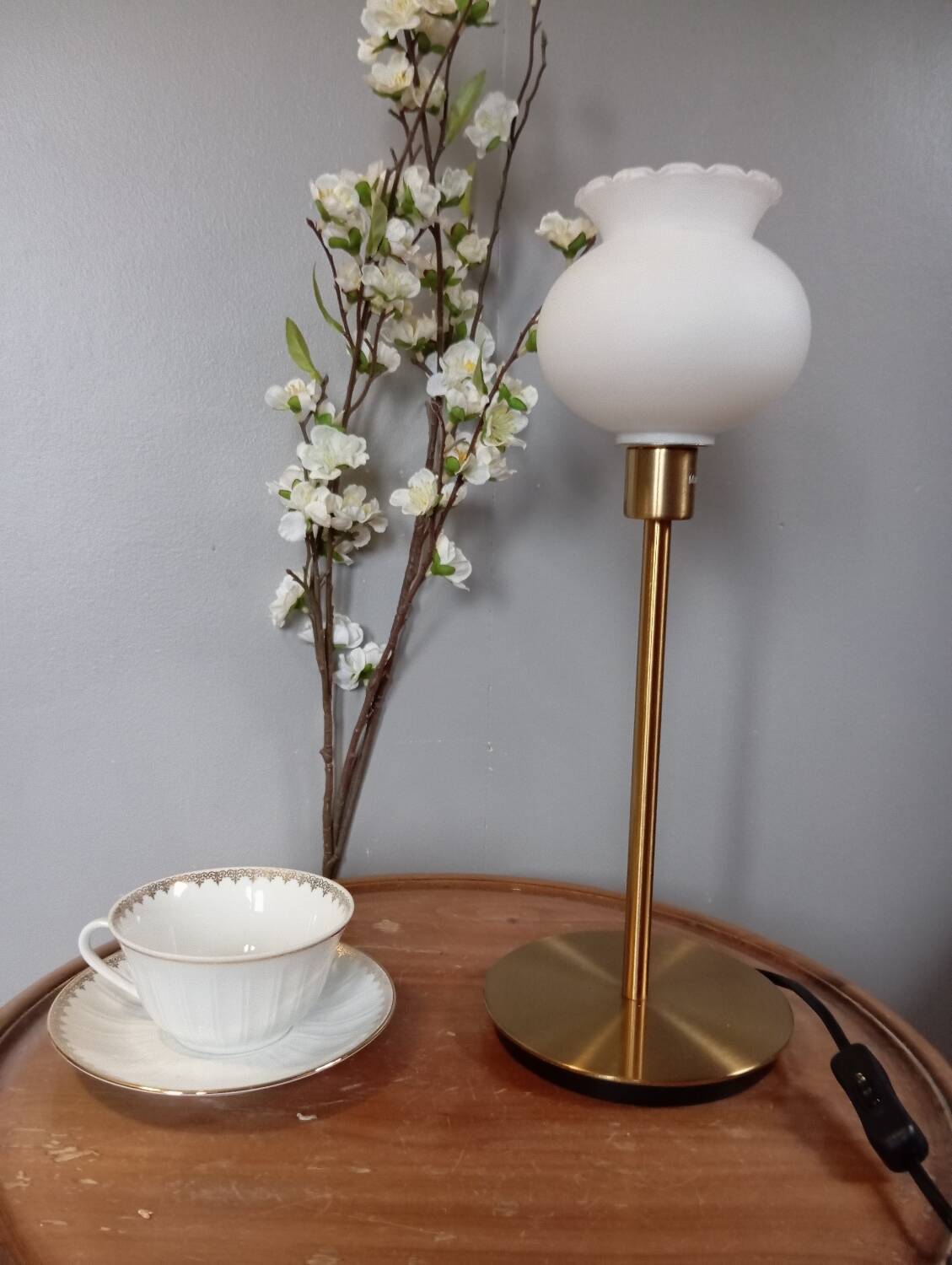 Living room lamp with gold metal base, matt white opaline globe, vintage