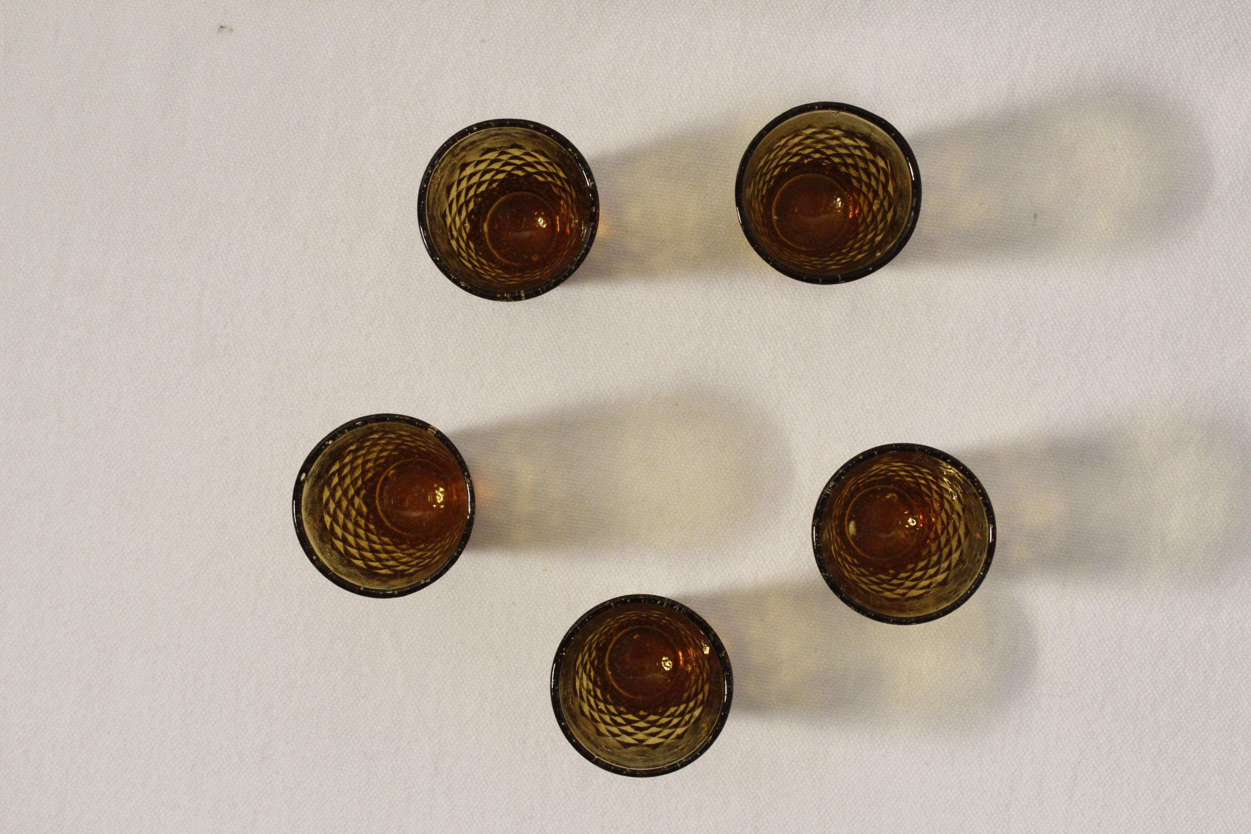 5 vintage amber glass shot glasses
