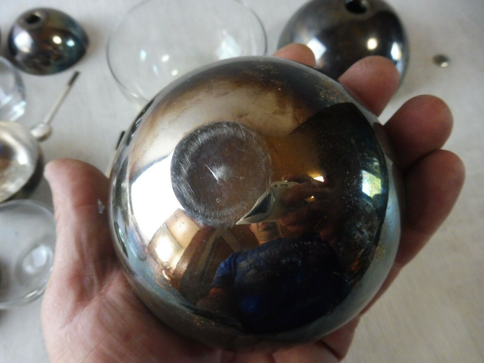 Old breakfast service, confectioner, sugar bowl, silver metal ball + glass