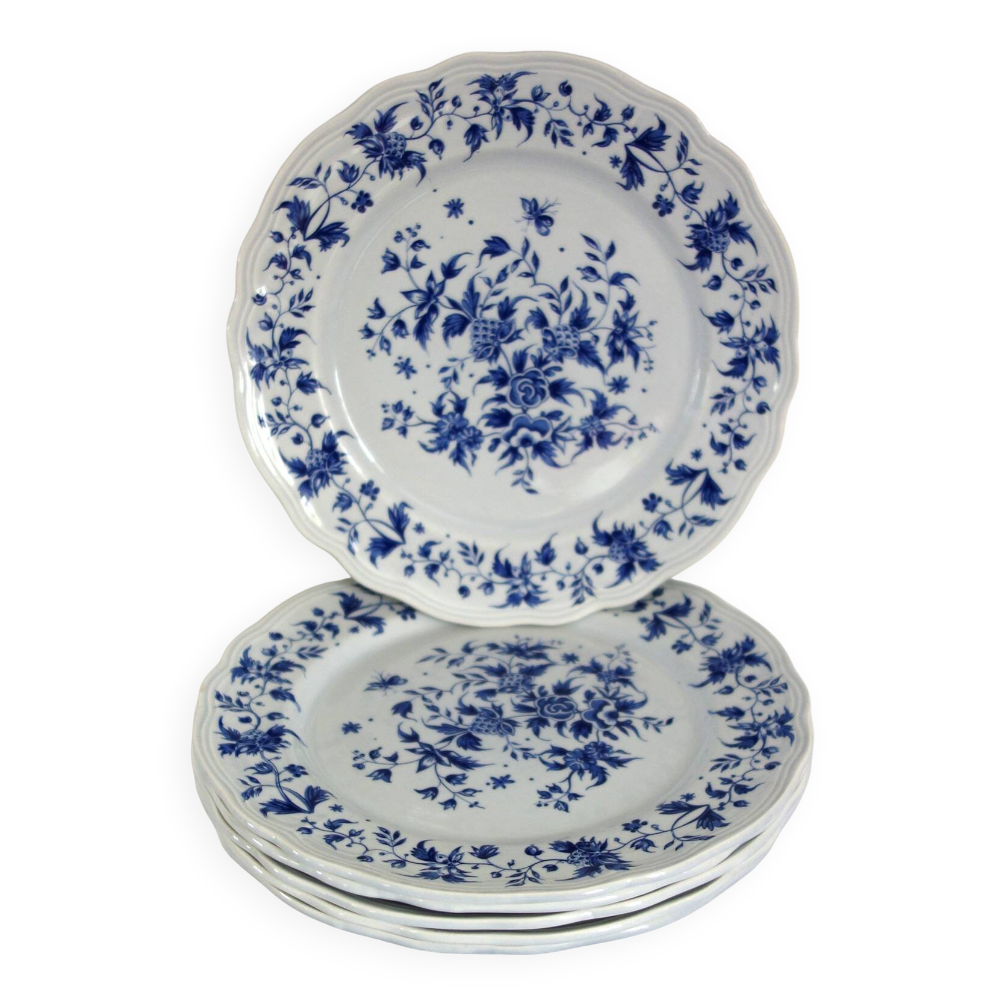 Set of 6 old flat plates with blue decoration, Rouy model, Salins