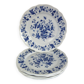 Lot de 6 anciennes assiettes plates décor bleu modèle Rouy, Salins