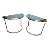 Pair of half-moon chrome and glass consoles ep 1970