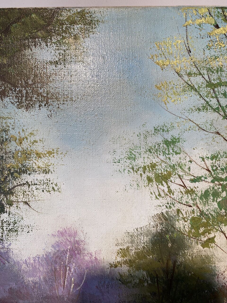 Old painting, landscape at the pond, signed Leroux, XX century