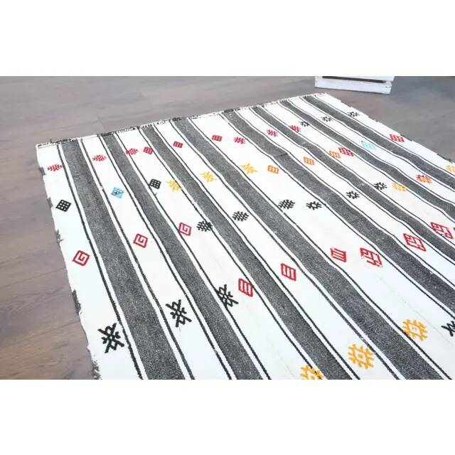 Vintage Turkish Oushak Handmade Cotton White Wool Kilim Area Rug 147x202