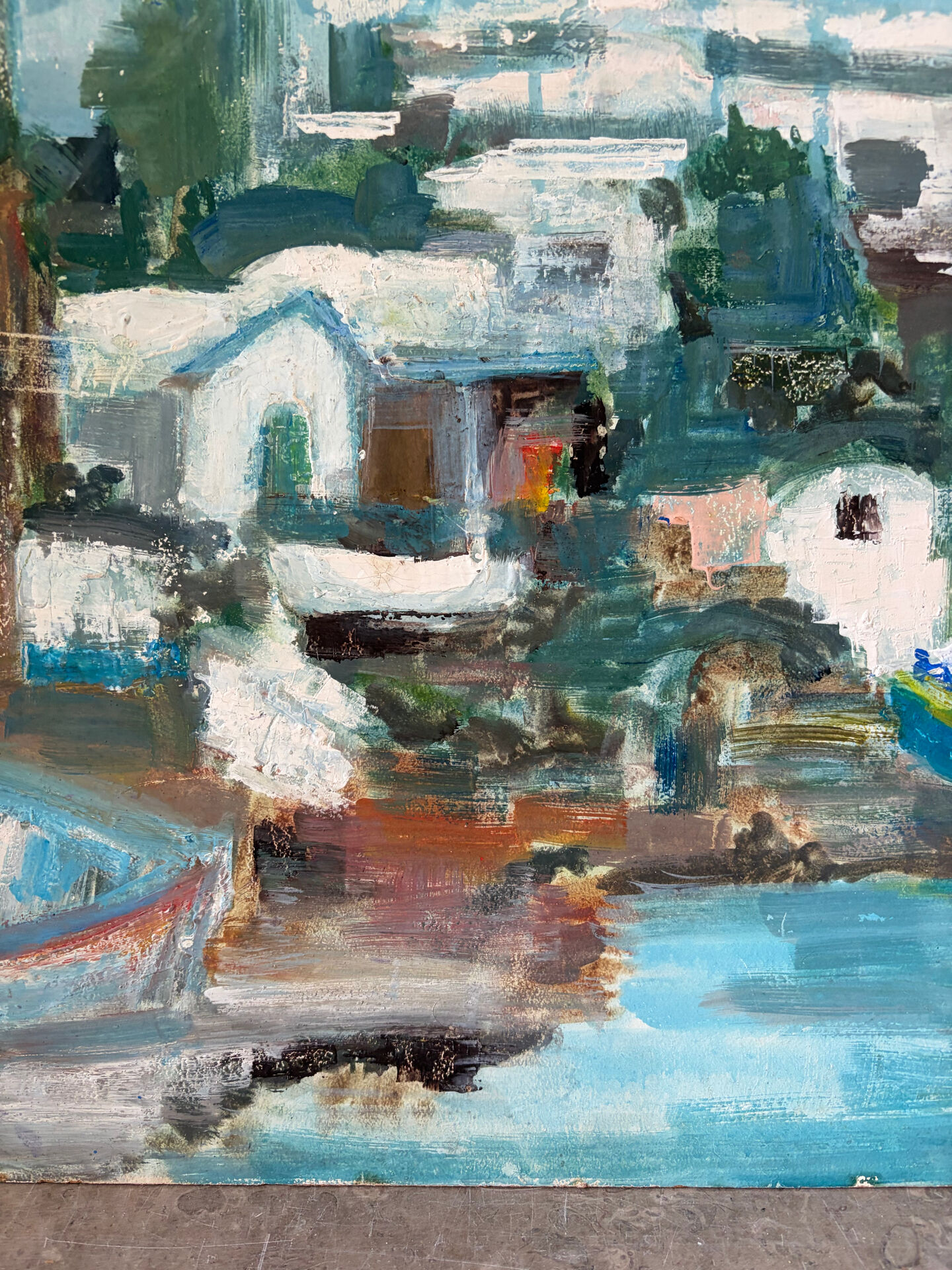Village by the water, oil on panel signed Morabia.