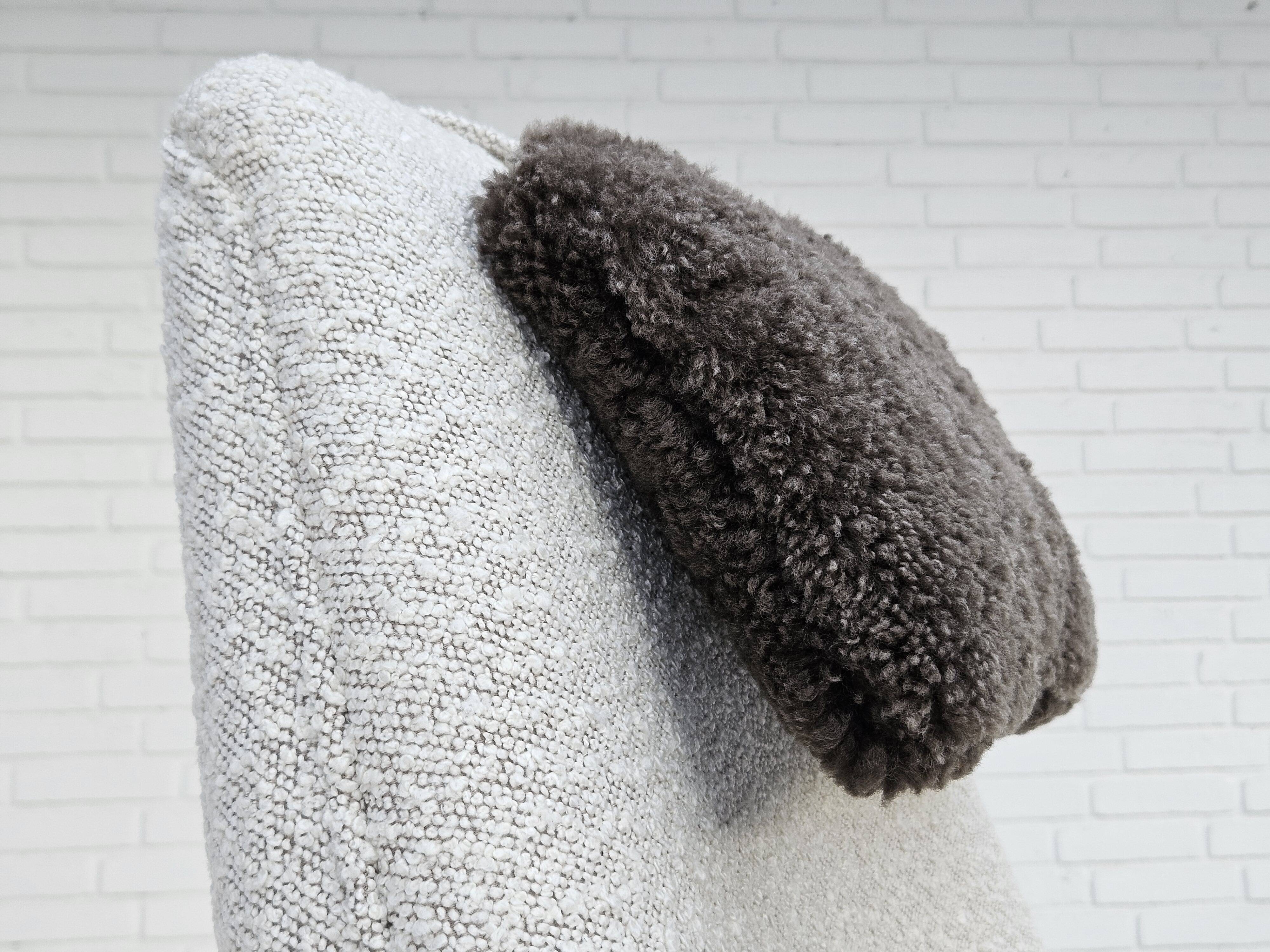 1960s, Scandinavian design, reupholstered armchair, furniture fabric, genuine sheepskin, teak.