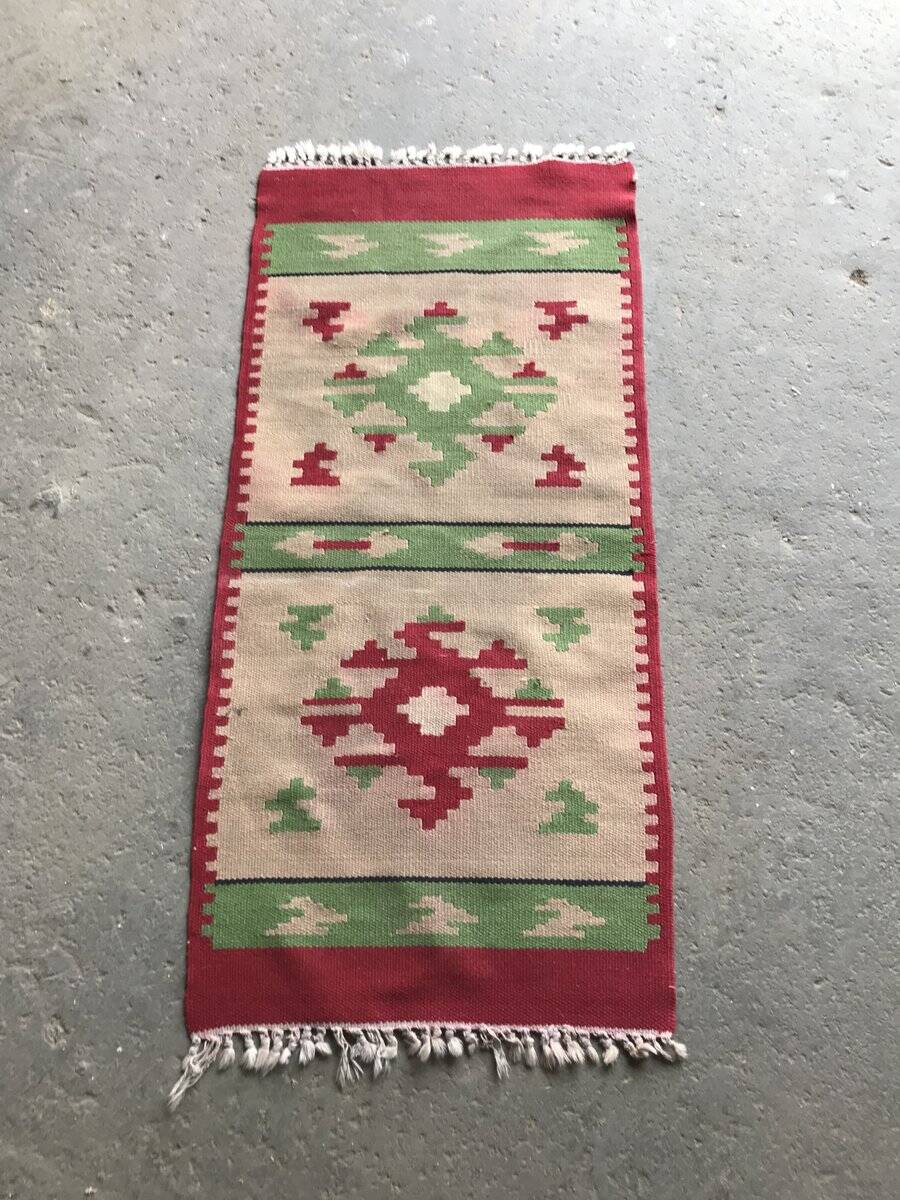 Mid-century multicoloured hallway rug in textile, kilim style, 1950s — 106 x 47 cm