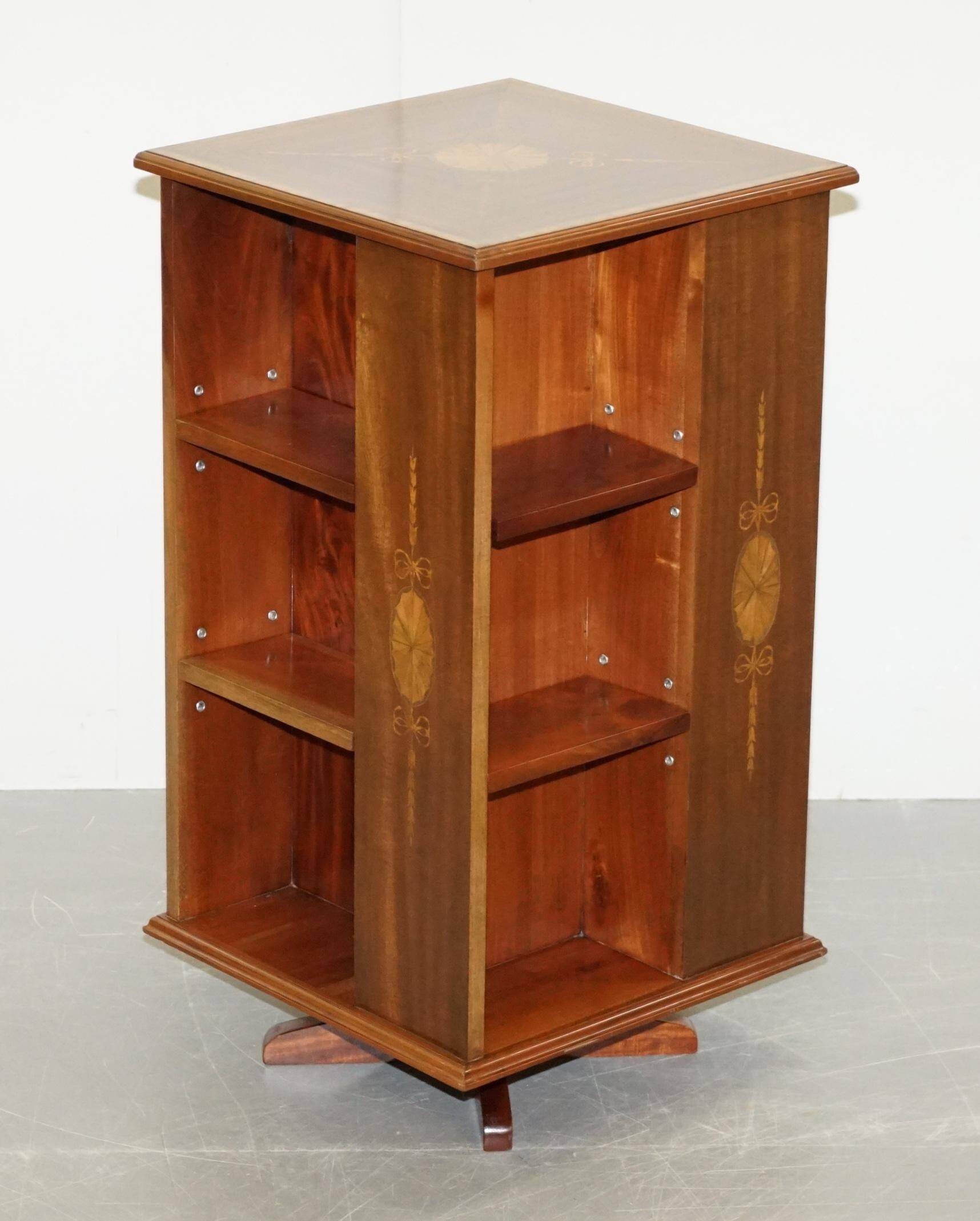 Edwardian burr walnut revolving bookcase with Sheraton inlays circa 1900