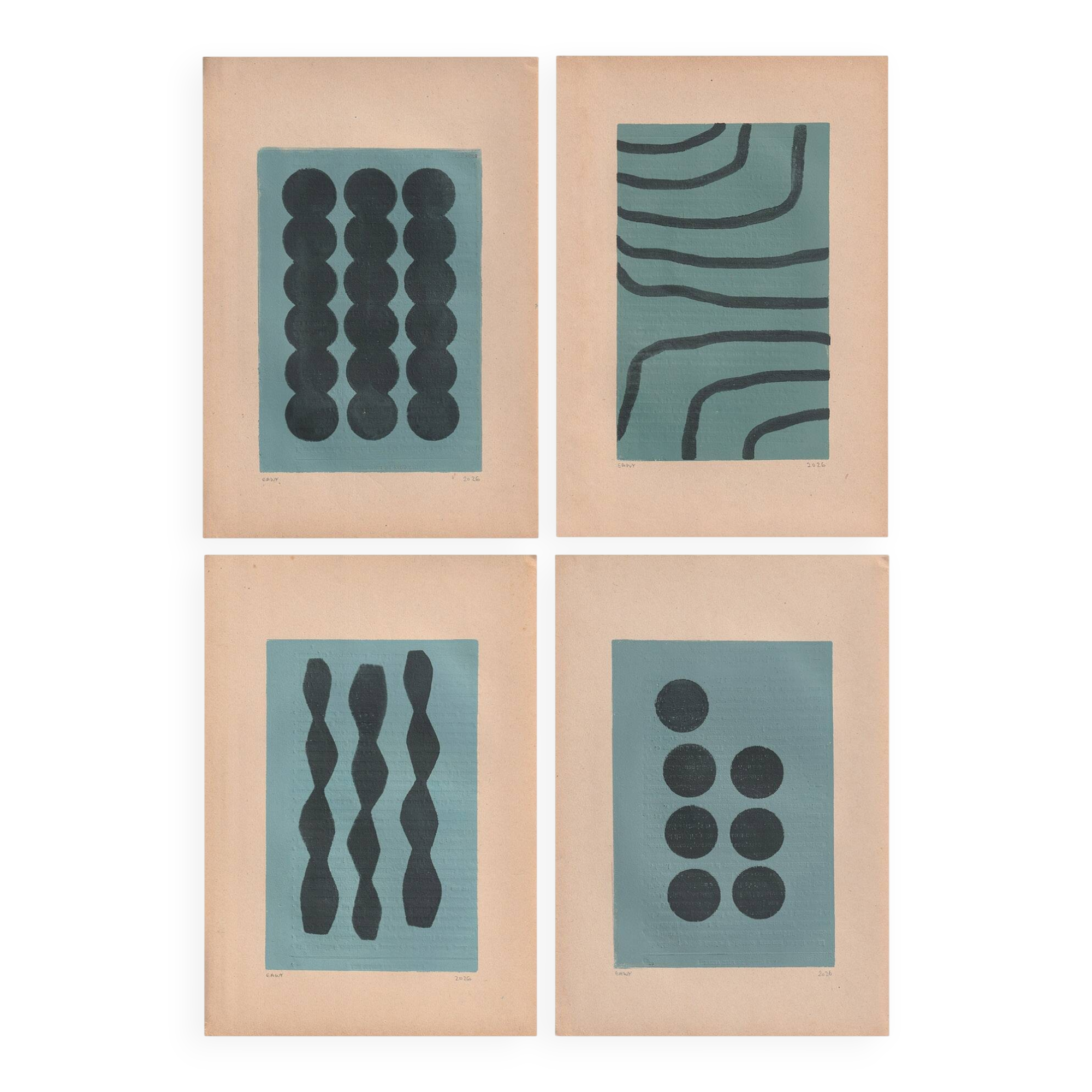 Collection of 4 abstract paintings on old paper signed Eawy.