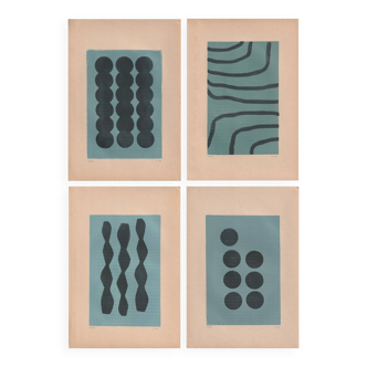 Collection of 4 abstract paintings on old paper signed Eawy.