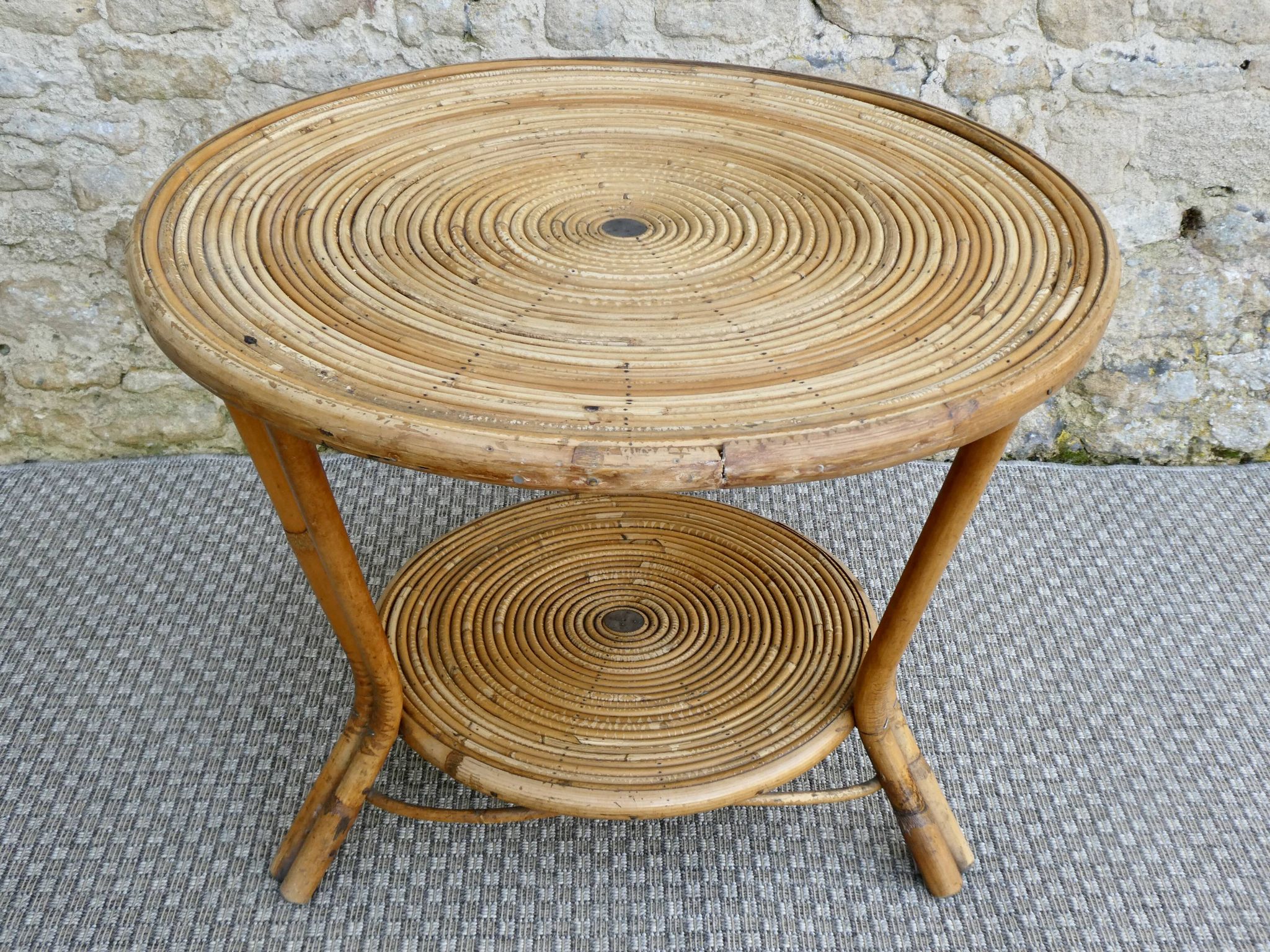 Rattan coffee table, tripod, with double top, 1960s