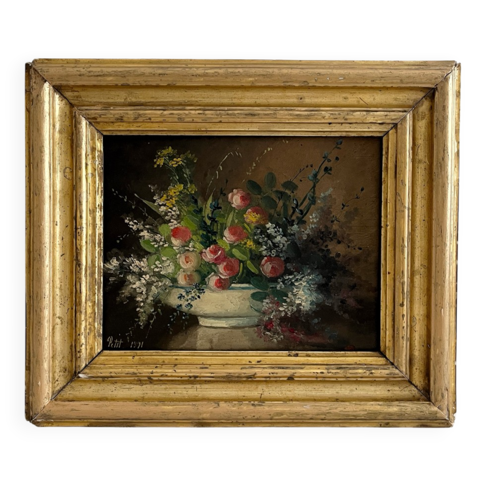 Old oil painting on wood of a bouquet of flowers signed Petit.