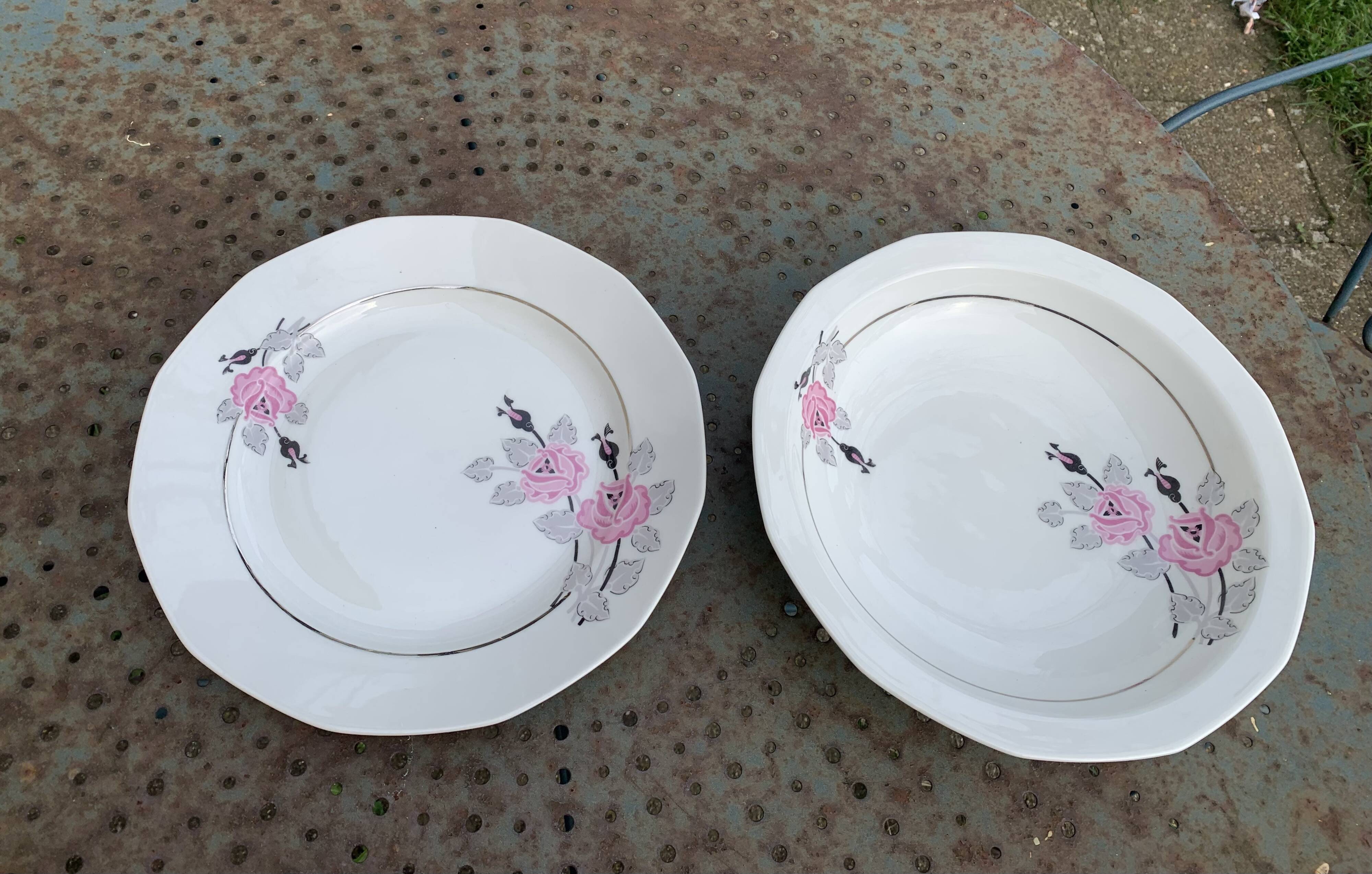 Set of two art deco porcelain dishes, limoges france, BRB, pink flowers