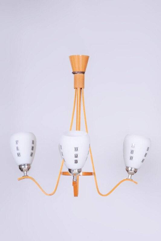 Mid-Century Chandelier in Beech and Glass from Dřevo Humpolec, Czech Republic, 1960s