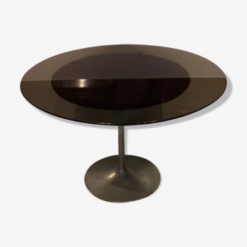 Table ronde design en verre fumé piétement aluminium
