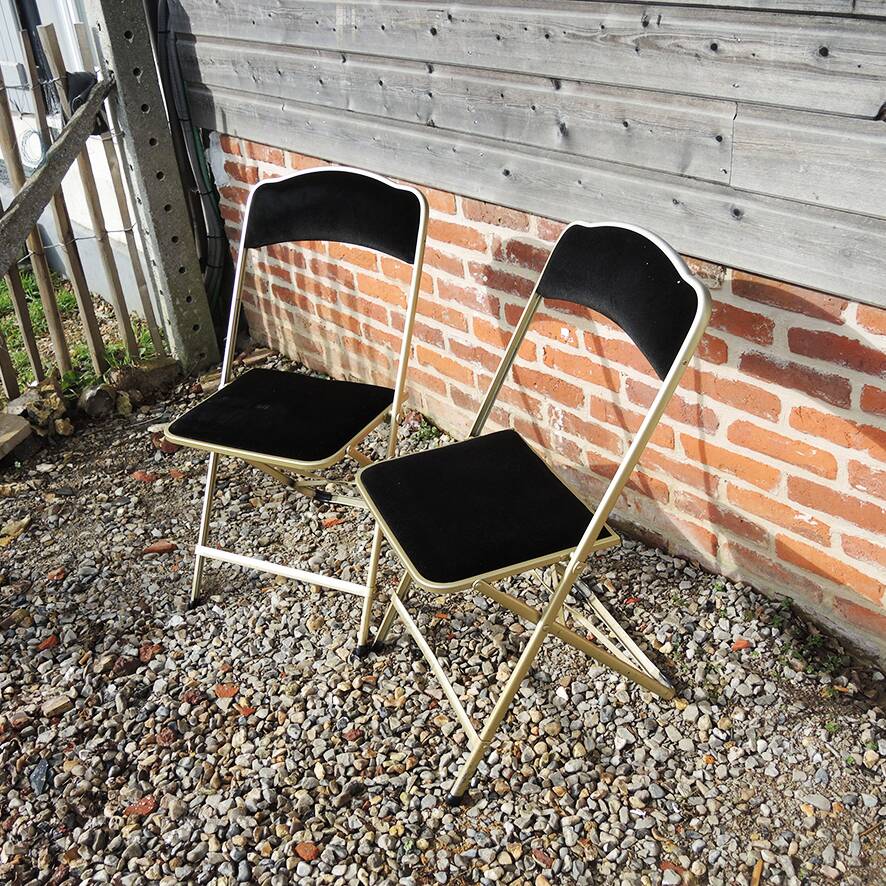 2 Antique Brass & Black Velvet Folding Chairs