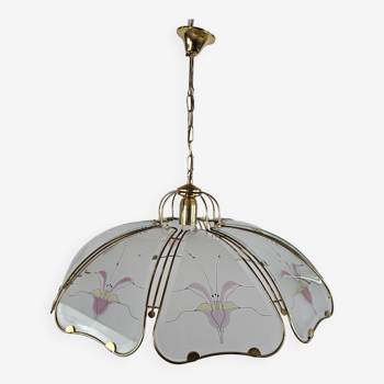 Large brass and satin glass chandelier with floral decorations