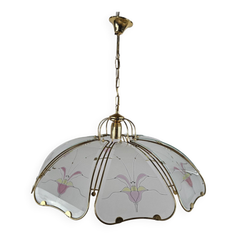 Large brass and satin glass chandelier with floral decorations