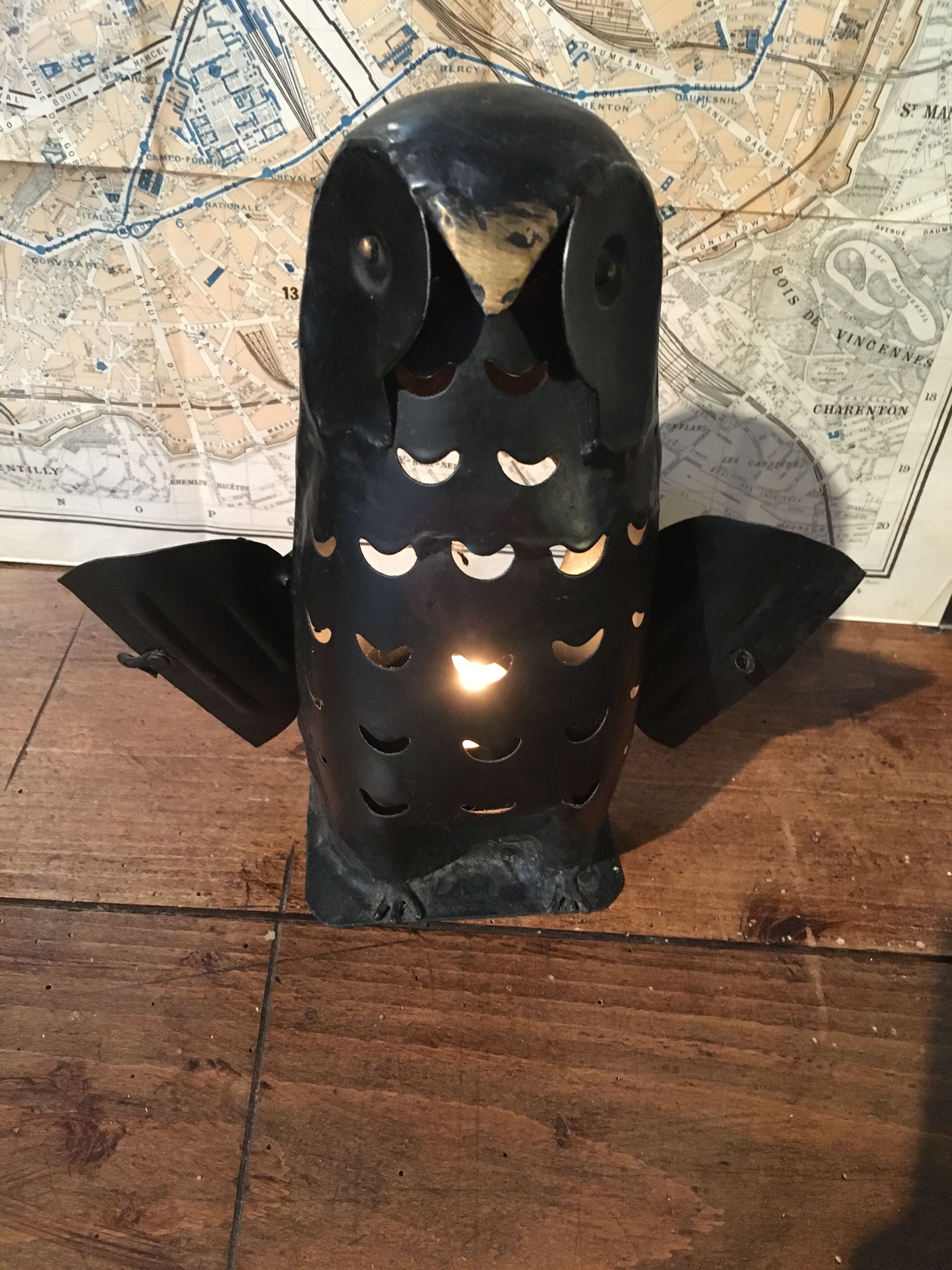 Metal owl, photophore