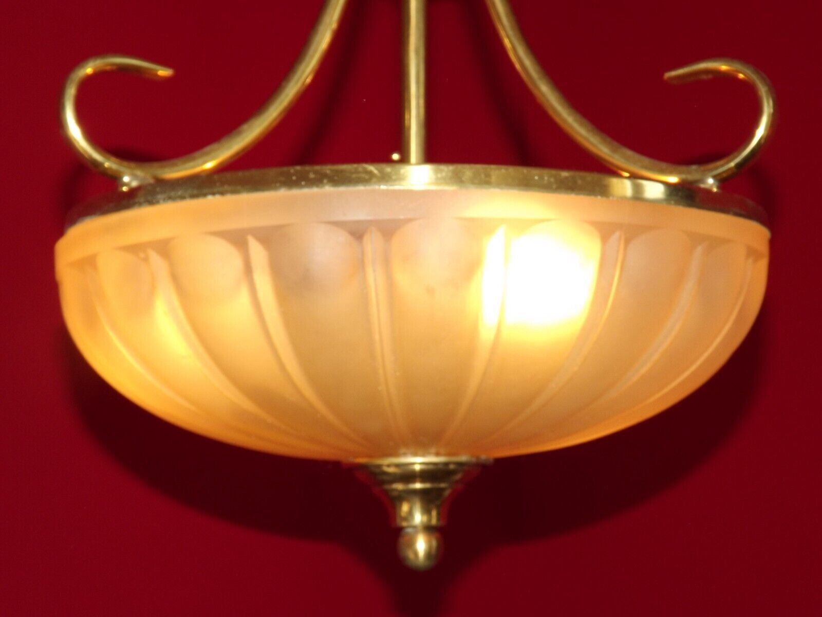 French mid century 3 bulb brass semi flush ceiling light opaque glass shade