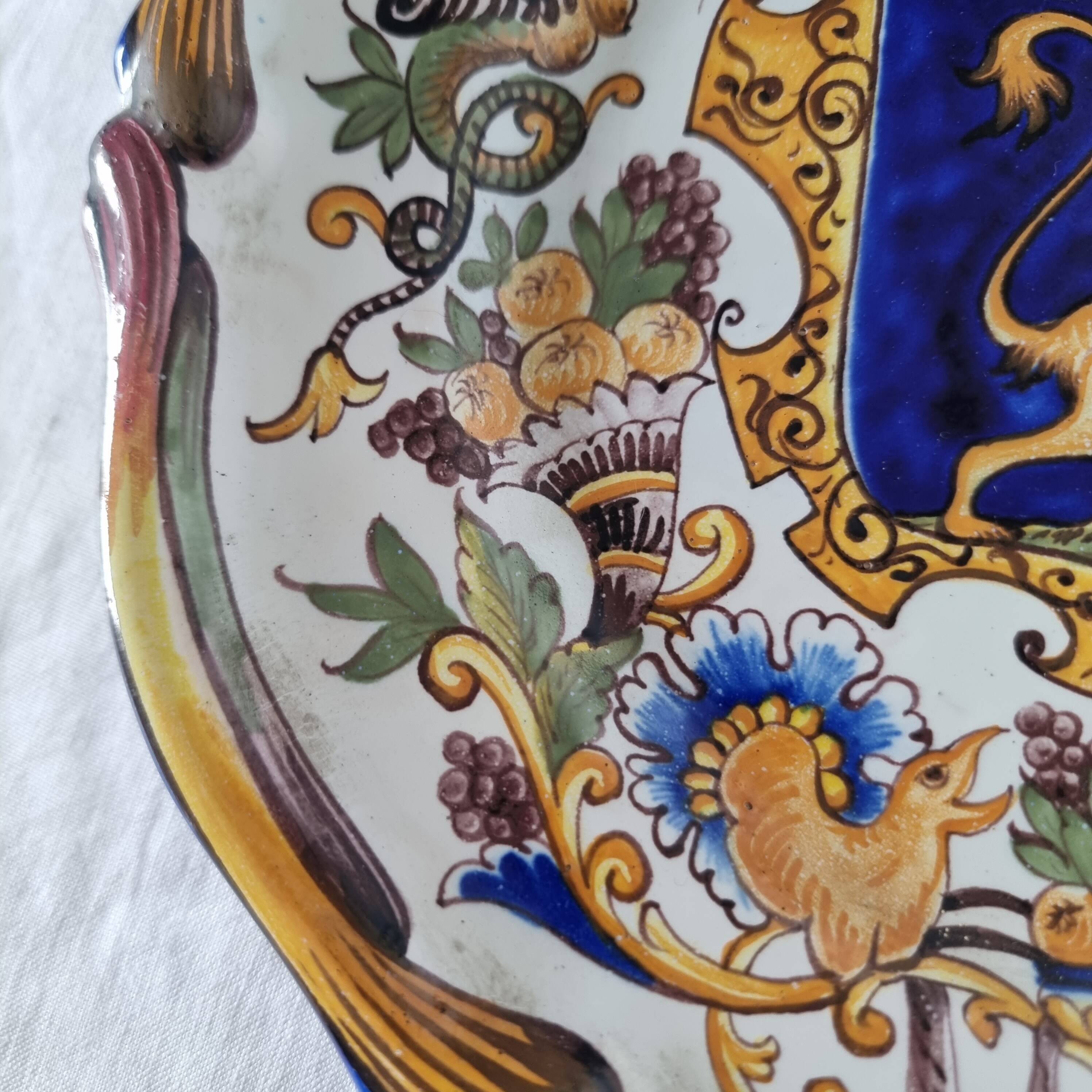 Magnificent antique French earthenware plate with shields signed Keller