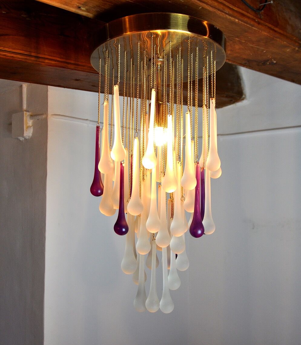 Venini waterfall ceiling lamp, murano crystals, two-tone purple and white, Italy, 1960