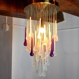 Venini waterfall ceiling lamp, murano crystals, two-tone purple and white, Italy, 1960
