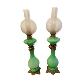 2 green opaline opaline lamps