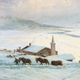 Ancient painting by Leonardo Roda, winter landscape, 19th century.