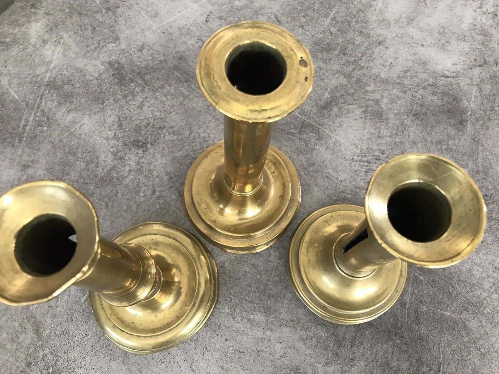 Set of 3 old brass copper zipper candlesticks