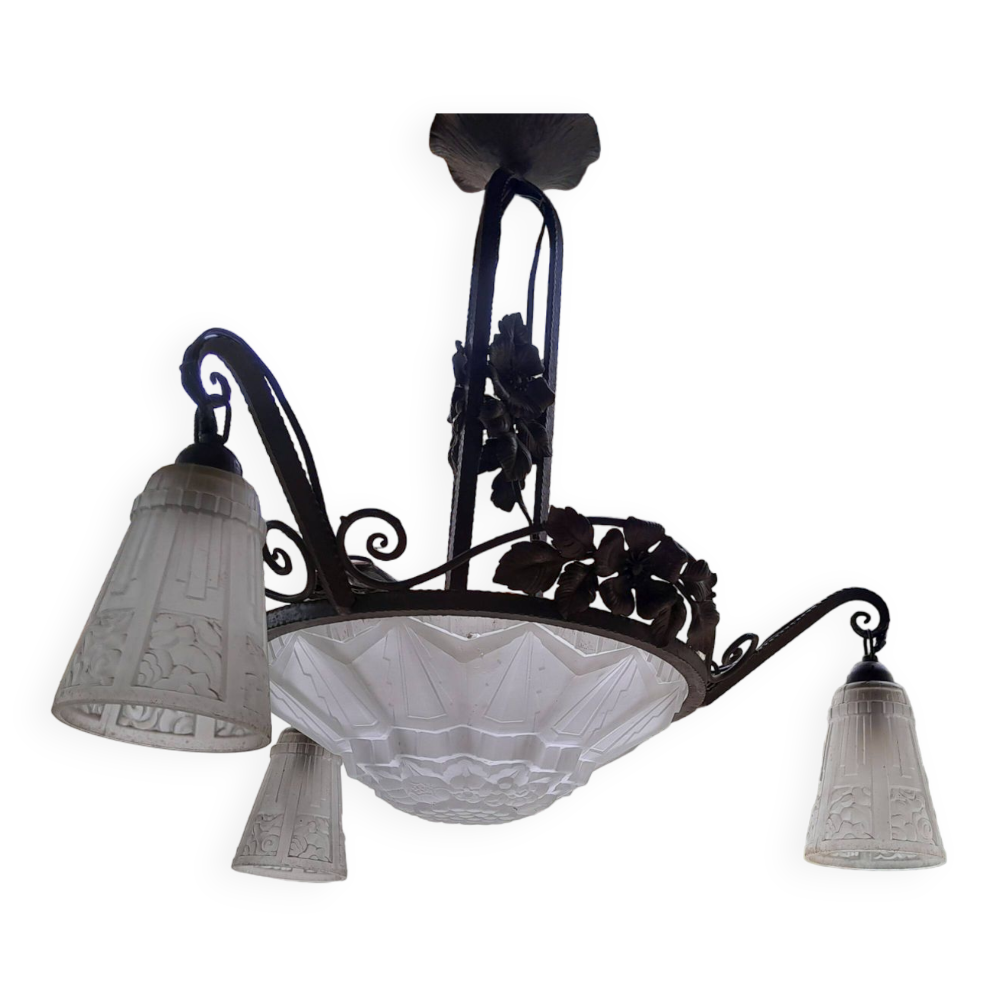 Art Deco chandelier wrought iron Nancy style twentieth era