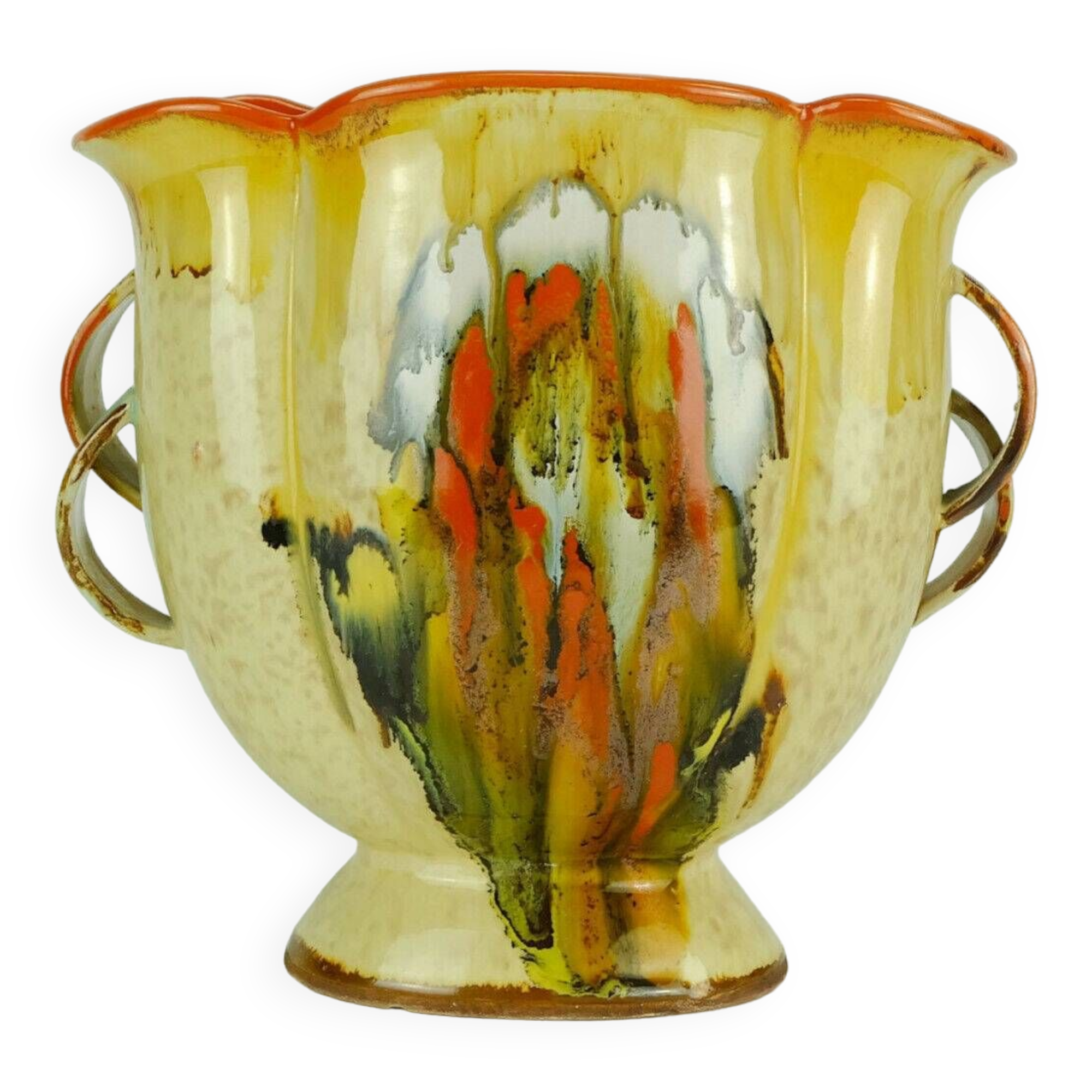Art déco vase 1930s ceramic dumler breiden drip glaze double handle